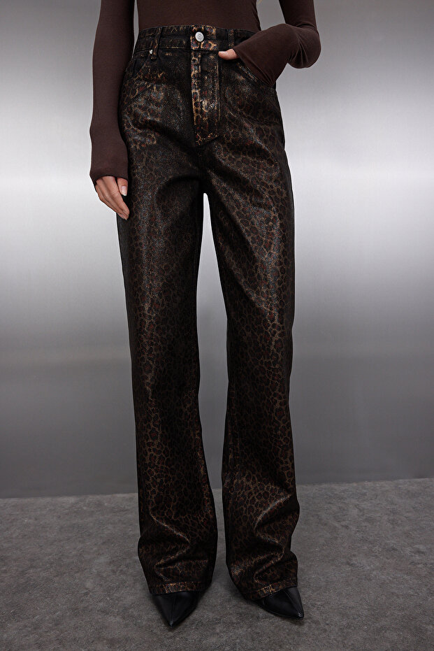 Kahverengi Leopar Varak Baskılı Yüksek Bel Wide Leg Jeans TWOAW25JE00071 - 3