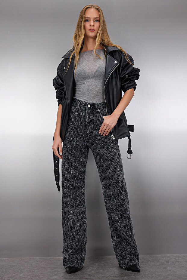 Siyah Dokulu Yüksek Bel Wide Leg Geniş Paça %100 Pamuk Non-Stretch Jeans TWOSS25JE00149 - 1