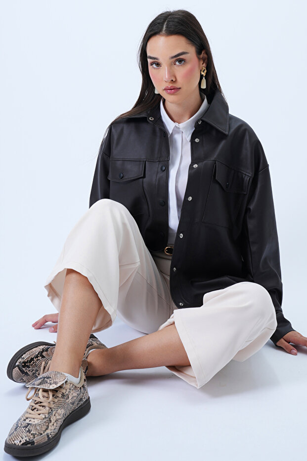 Women's Bitter Brown Double Pockets Snap Closure Hooded Faux Leather Oversized Shirt Jacket Alc-X14312