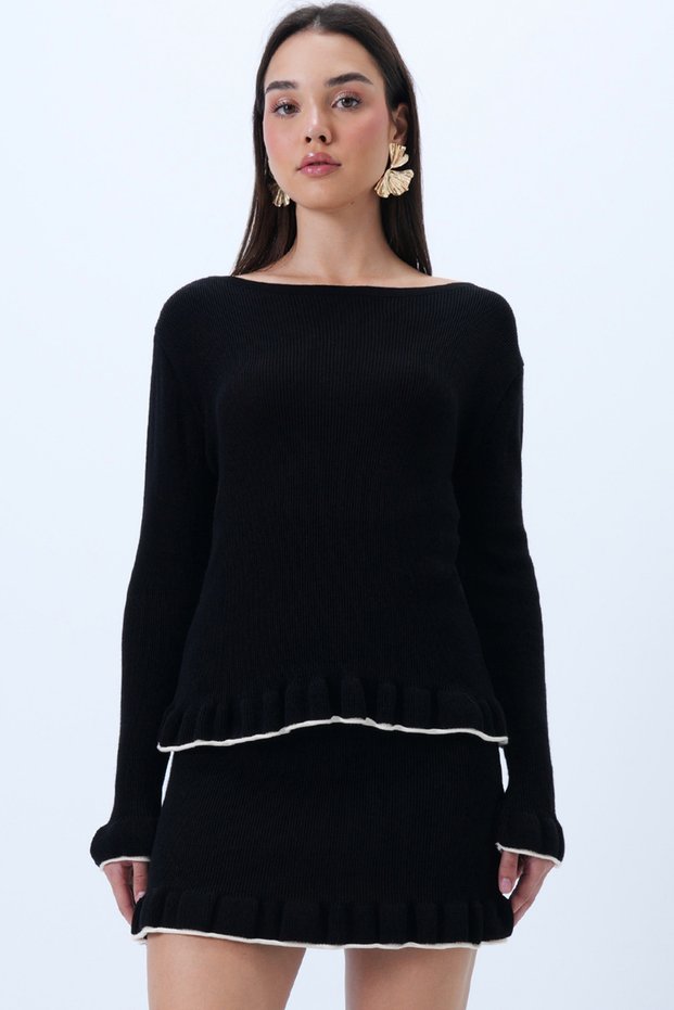 Women's Black Boat Neck Ruffle Detailed Knitwear Skirt and Blouse Set Alc-X14287