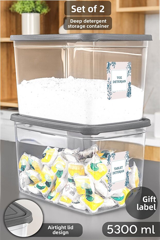 2 Mega Size Detergent Storage Box - Bathroom Tablet Powder Detergent Box with Label 5.3 Liter Transparent