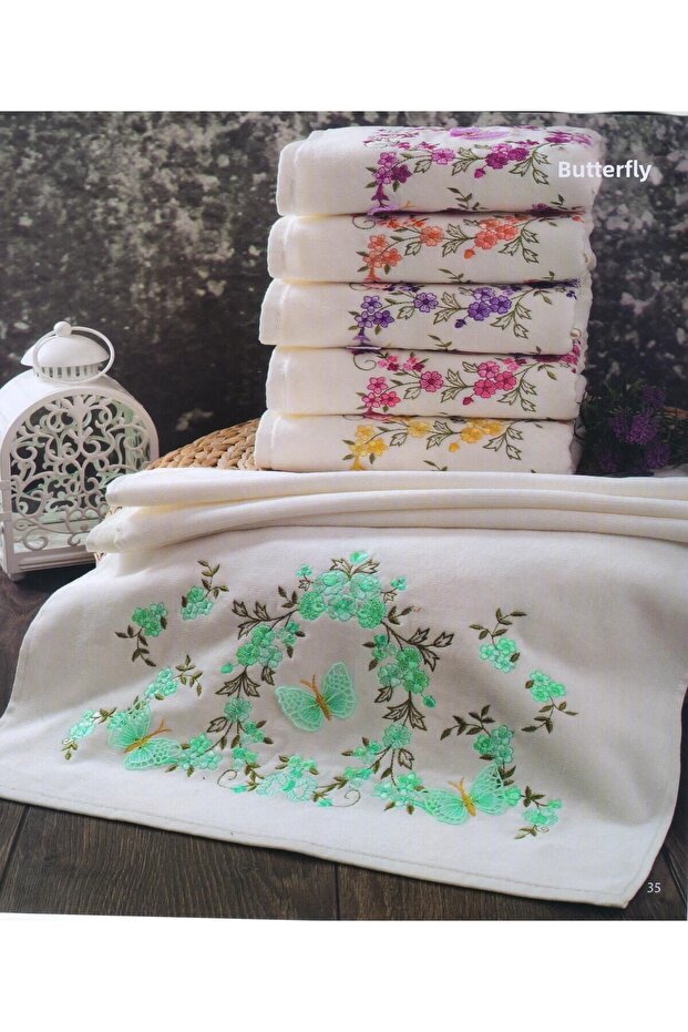 Velvet Butterfly Pattern 3 D Mother - 6 Pieces 50X90 cm Face Towels and 6 Pieces 30X50 Kitchen Towels