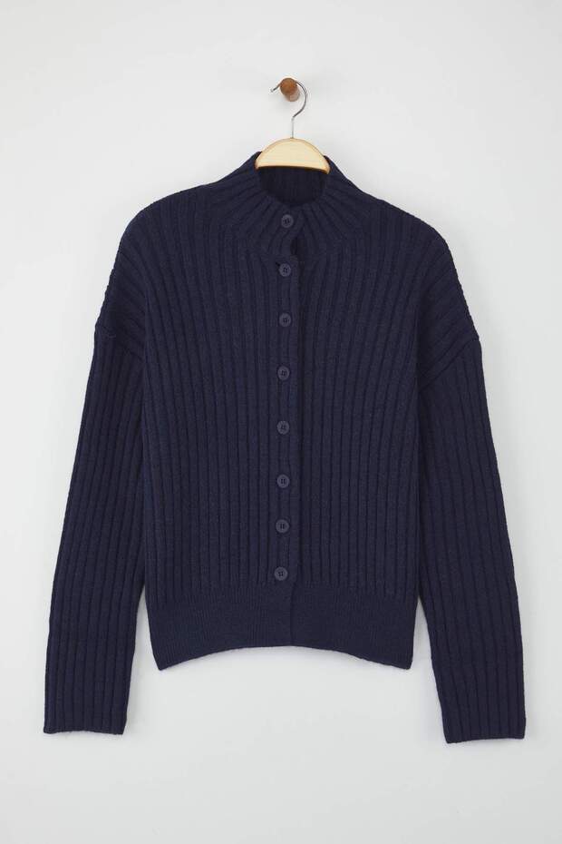 Wardrobe Essentials Lacivert Geniş Kalıp Fitilli Yumuşak Dokulu Triko Hırka | TWOAW26HI00091 - 5