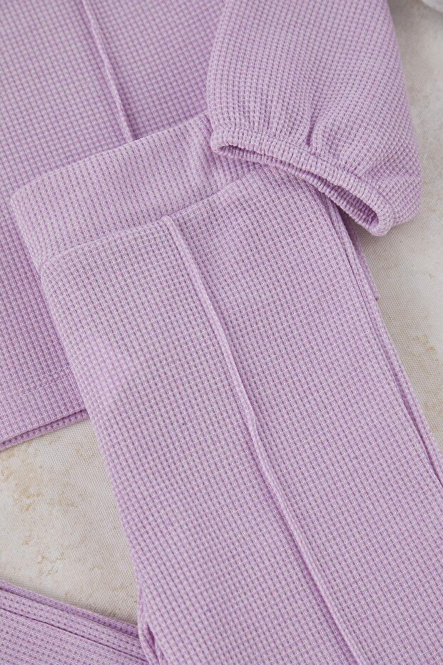 Lila Gül Aplikeli Düz Örme Kız Çocuk Dokulu Sweatshirt ve Eşofman Alt-Üst Takım TKDAW25AU00023 - 5