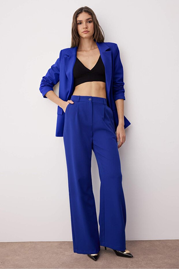 Mavi Yüksek Bel Wide Leg/Geniş Paça Pilili Dokuma Kumaş Pantolon TWOAW21PL0076 - 3