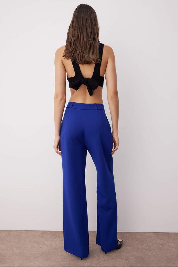 Mavi Yüksek Bel Wide Leg/Geniş Paça Pilili Dokuma Kumaş Pantolon TWOAW21PL0076 - 5