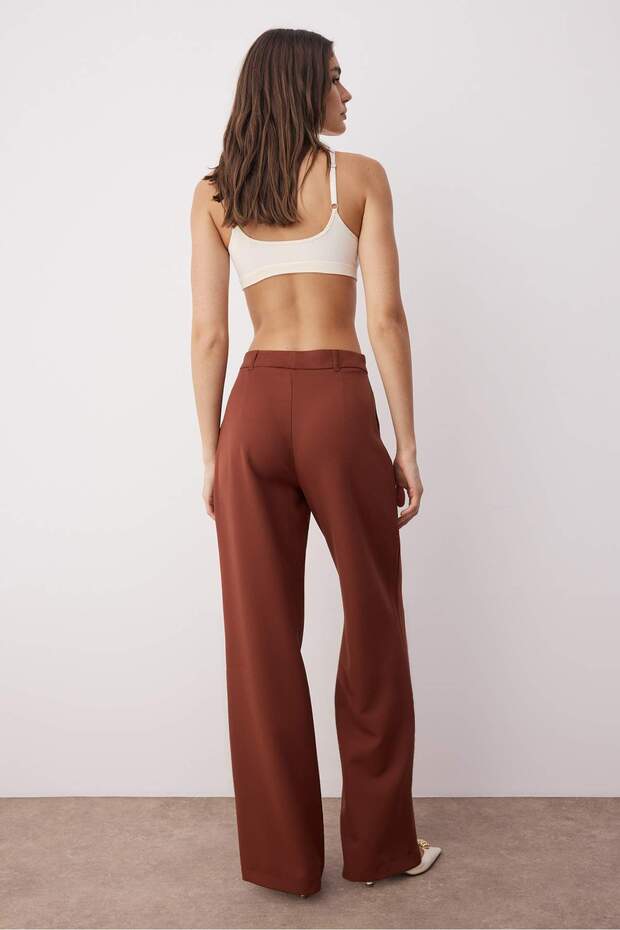 Koyu Kahverengi Yüksek Bel Wide Leg/Geniş Paça Pilili Dokuma Kumaş Pantolon TWOAW21PL0076 - 5