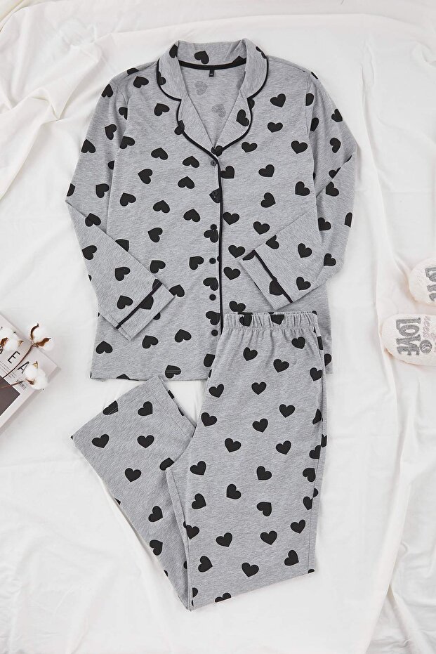 Gri Kalpli Gömlek Yaka Örme Pijama Takımı TBBAW23AI00015 - 2