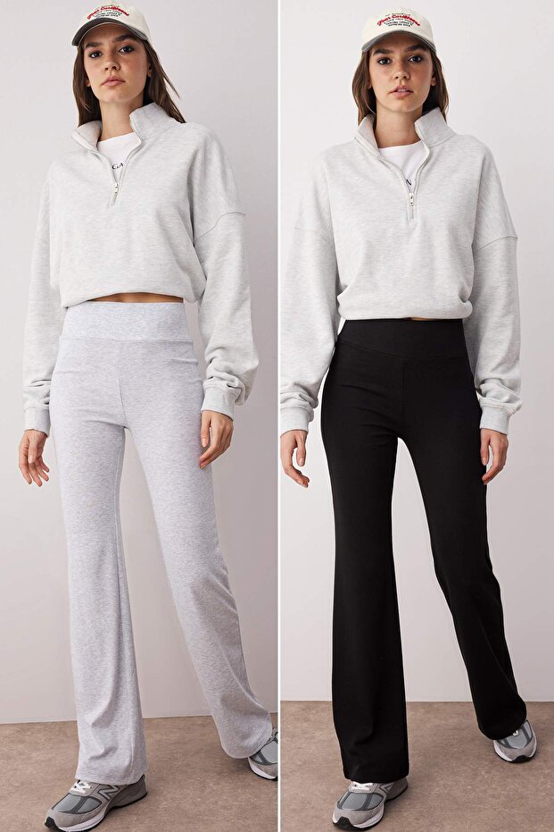 Gri Melanj- Siyah İspanyol Paça 2'li Paket Pantolon TWOAW26PL00057 - 1