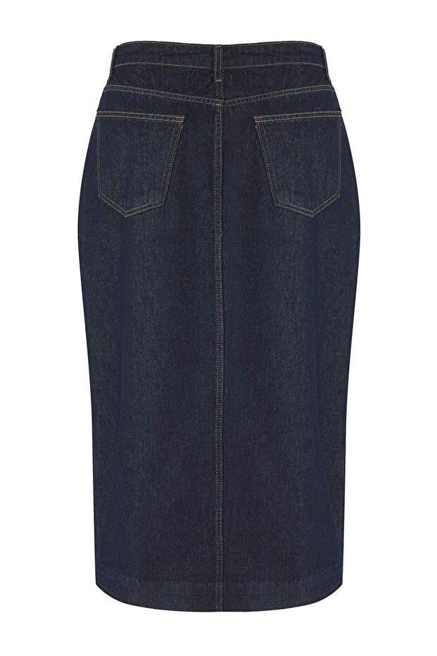 Koyu Mavi Ön Yırtmaçlı Midi Boy %100 Pamuk Non-Stretch Büyük Beden Denim Etek TBBSS23AZ00054 - 11