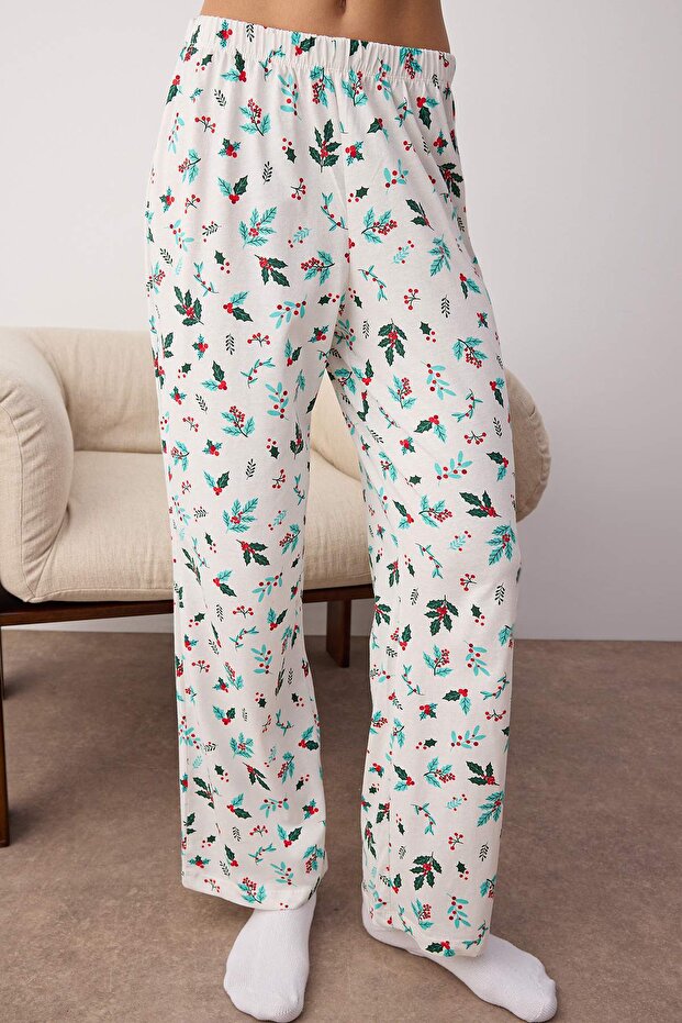 Ekru-Yeşil %100 Pamuklu Çiçekli Biyeli Örme Pijama Takımı THMAW26PT00058 - 3