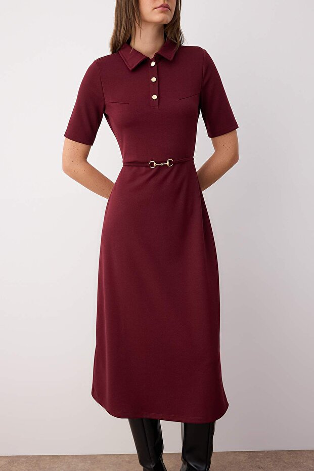 Bordo Kemerli Truvakar Kol A Line/Kloş Düz Midi Örme Elbise TWOAW26EL00023 - 3