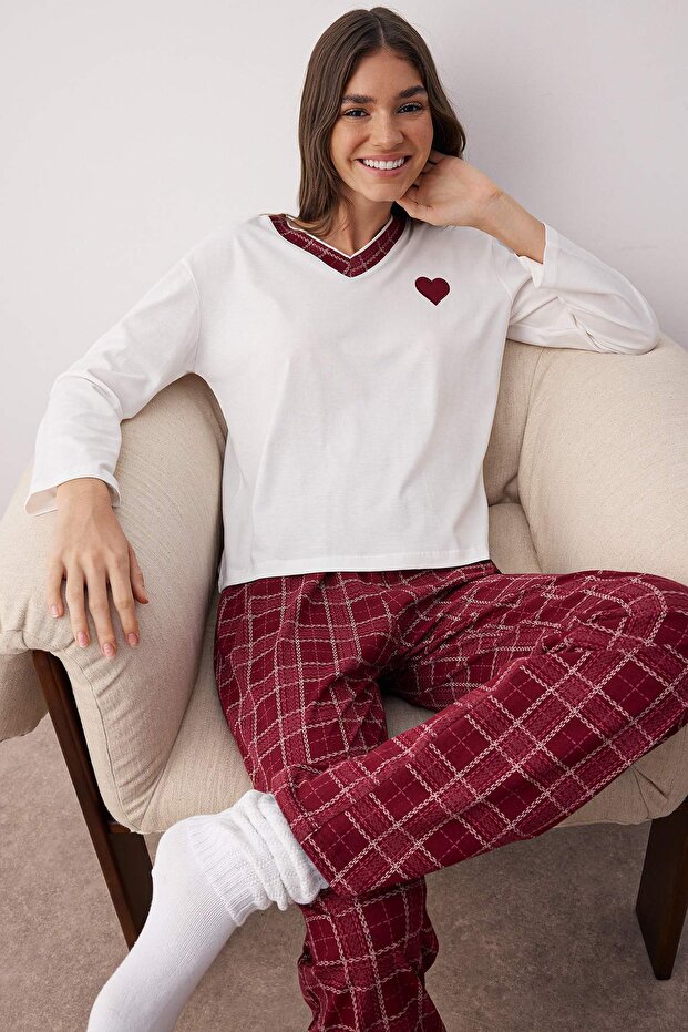 Burgundy 100% Cotton Heart Plaid Knitted Pajamas Set Thmaw26Pt00063 - 2