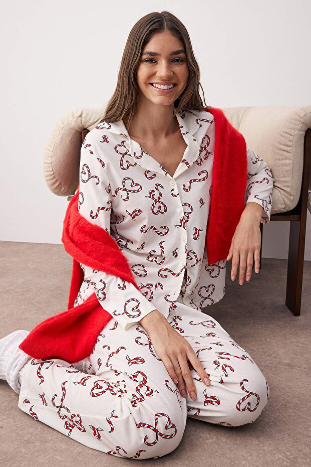 Ekru %100 Pamuklu Kalpli Gömlek Yaka Örme Pijama Takımı THMAW26PT00064 - 1