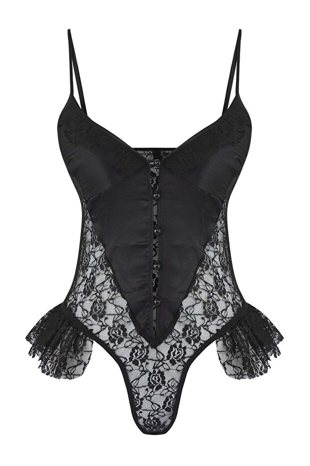 Fekete csipke és szatén együttes fodros fedetlen díszes body THMAW26BD00003 - 5