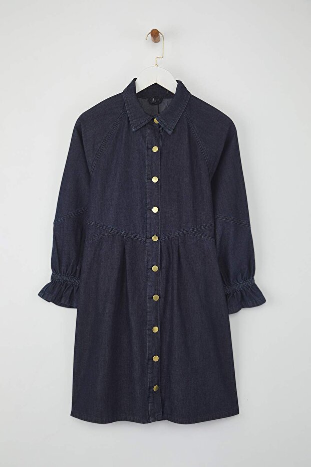 Koyu Mavi Pileli Kol Detaylı Mini Denim Gömlek Elbise TWOAW26EL00035 - 6