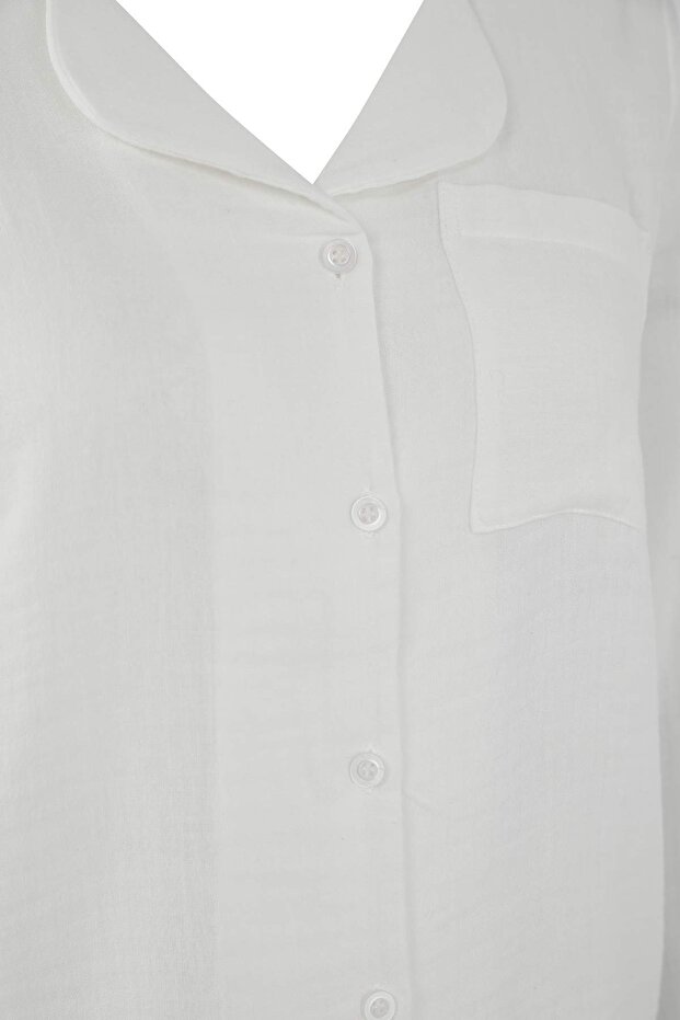Ekru %100 Pamuklu Cepli Müslin Kumaş Dokuma Pijama Takımı THMAW26PT00023 - 6