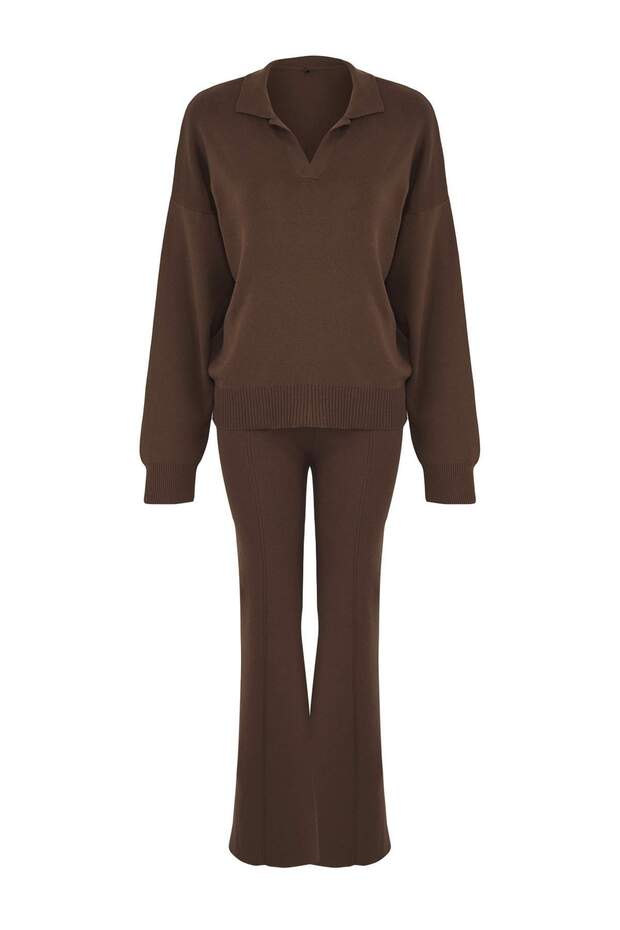 Wardrobe Essentials Kahverengi Pamuklu Kazak-Pantolon Triko Alt-Üst Takım | TWOAW26AU00002 - 5