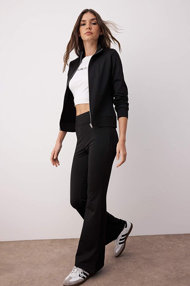 Siyah Reglan Kol Relaxed Üst Flare/ispanyol Paça Alt Esnek Örme Alt - Üst Takım TWOAW26AU00039 - 1