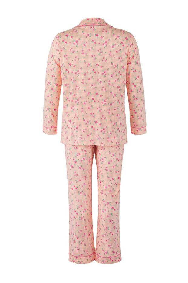 Pembe %100 Pamuklu Çiçekli Biyeli Örme Pijama Takımı TBBAW26AI00007 - 8