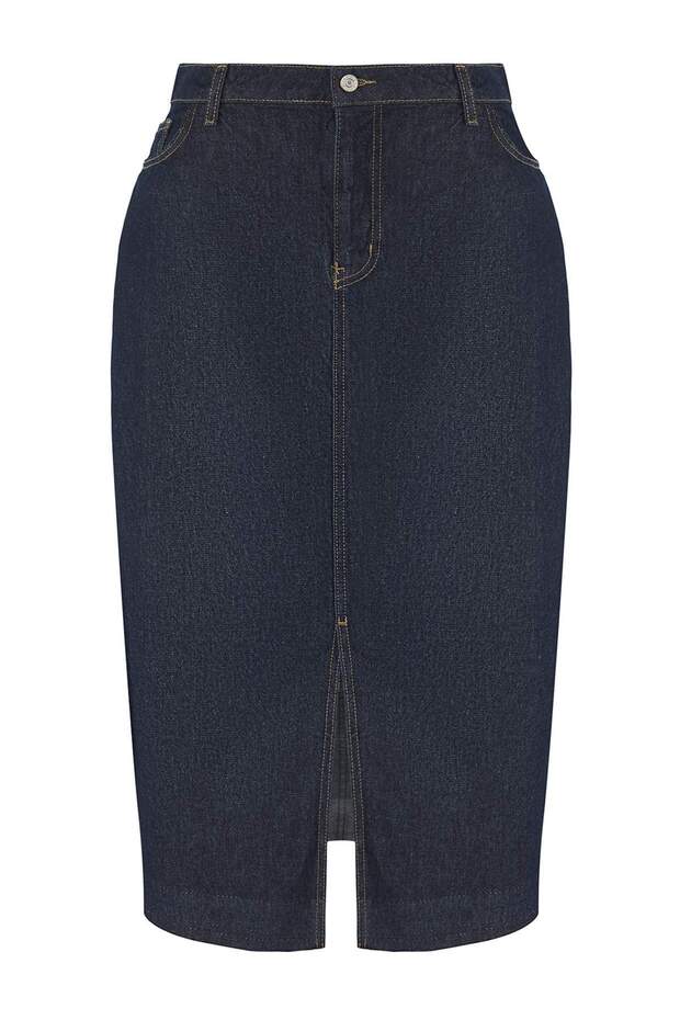 Koyu Mavi Ön Yırtmaçlı Midi Boy %100 Pamuk Non-Stretch Büyük Beden Denim Etek TBBSS23AZ00054 - 8