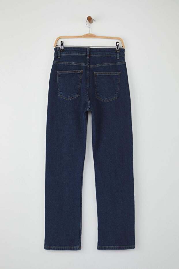 Koyu Mavi Yüksek Bel Comfort/Esnek/Rahat Straight Düz Kesim Boru Paça Jeans TWOAW26JE00062 - 6