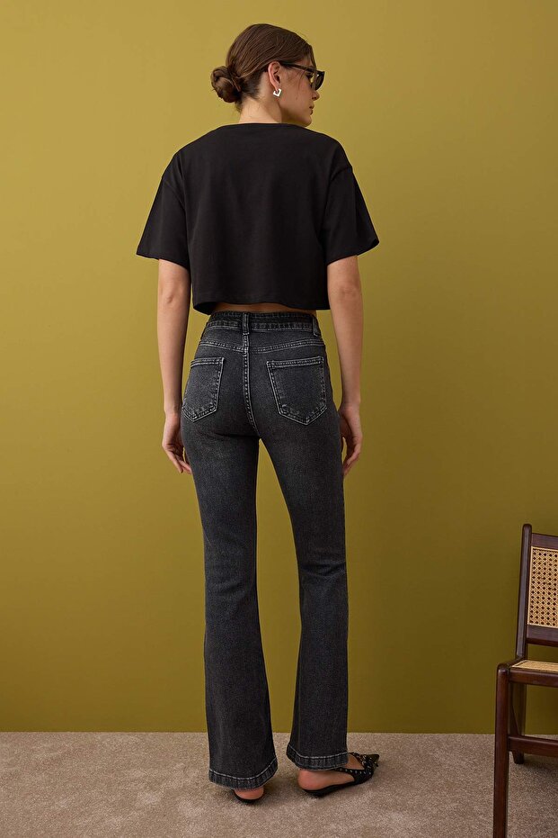 Antrasit Yüksek Bel Orta Esnek İspanyol Paça Flare Jeans TWOAW26JE00050 - 4