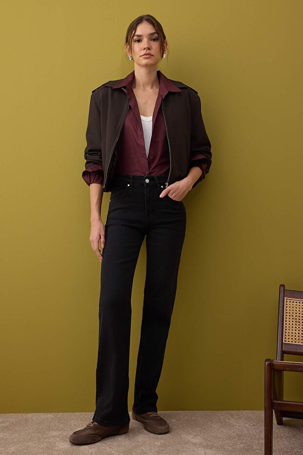 Siyah Normal Bel Geniş Paça Orta Esnek Straight Smoke Jeans TWOAW26JE00085 - 1