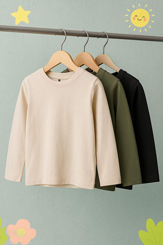 Siyah-Taş-Haki 100% Pamuk 3'lü Düz/Basic Regular Örme Erkek Çocuk Okul T-Shirt TKDAW26TS00004 - 2