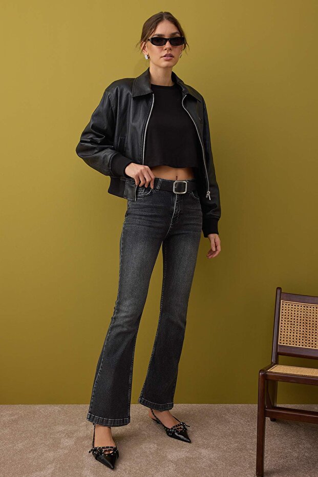 Antrasit Yüksek Bel Orta Esnek İspanyol Paça Flare Jeans TWOAW26JE00050 - 1