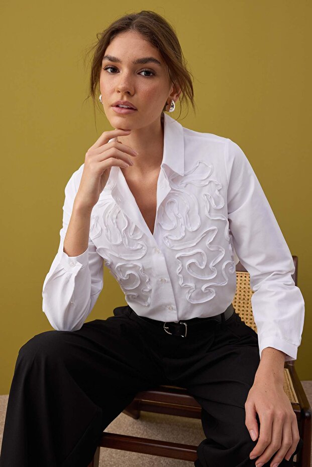 Beyaz Dokulu Oversize Dokuma Gömlek TWOAW26GO00019 - 1
