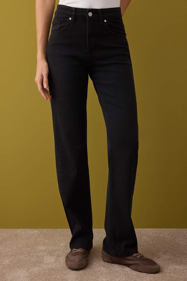Siyah Normal Bel Geniş Paça Orta Esnek Straight Smoke Jeans TWOAW26JE00085 - 3