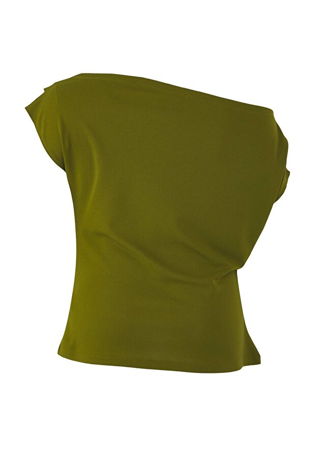 Yağ Yeşil Büzgü/Drape Detaylı Dökümlü Asimetrik Yaka Örme Bluz TBBSS25AF00119 - 8