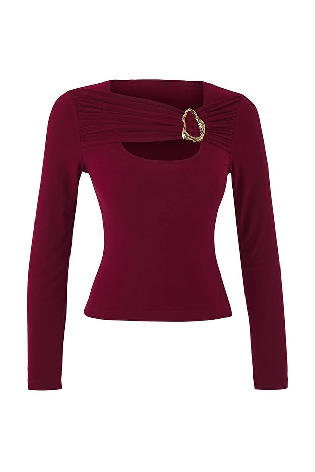 Bordo Aksesuar ve Cut Out Detaylı Vücuda Oturan Esnek Örme Bluz TWOAW26BZ00087 - 5