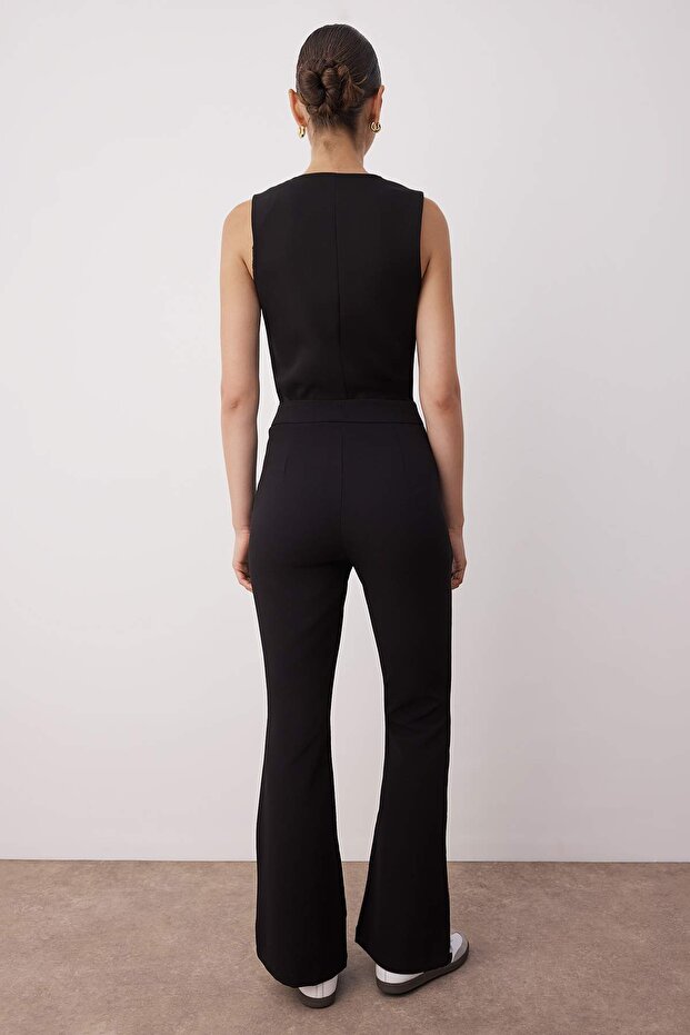 Siyah Flare İspanyol Paça Bootcut Dokuma Pantolon TOFAW19BB0581 - 4
