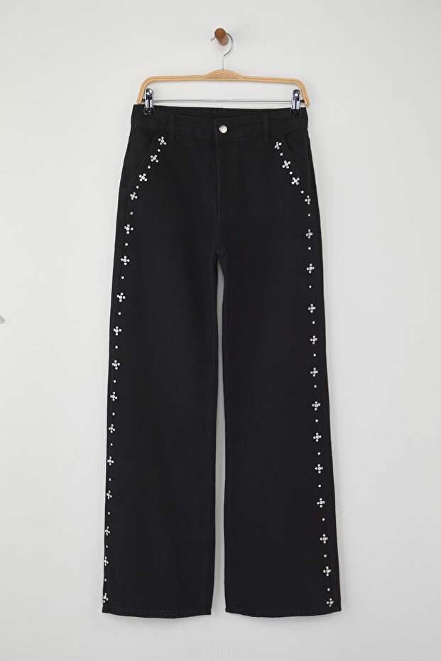 Siyah Yüksek Bel Taşlı Wide Leg Jeans TWOAW26JE00032 - 5