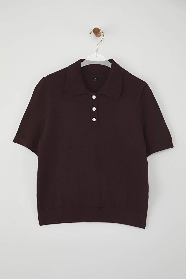 Kahverengi Polo Yaka Premium İplik / Özel İplik Triko İnce Bluz TWOSS25BZ00184 - 7