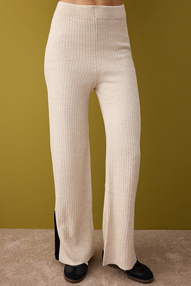 Taş Crop Renk Bloklu Fitilli Kazak-Pantolon Triko Alt - Üst Takım TWOAW26AU00024 - 3