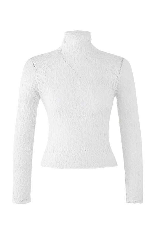 Ekru Fitted/Vücuda Oturan Reglan Kol Dantel Uzun Kollu Esnek Örme Bluz TWOAW26BZ00048 - 5