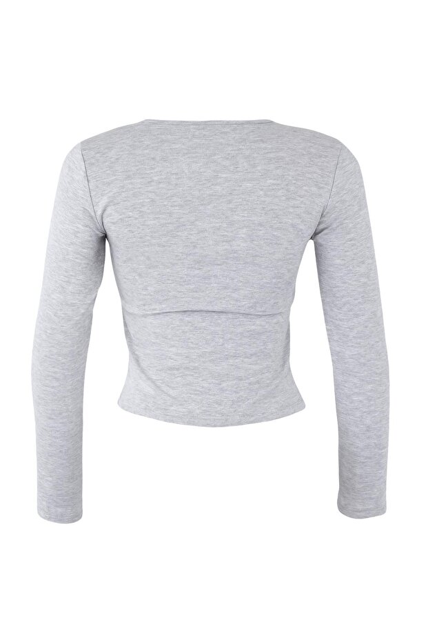 Gri Melanj Fitted/Vücuda Oturan Çift Görünümlü Yarım Fermuarlı Çift Katlı Örme Bluz TWOAW26BZ00031 - 7
