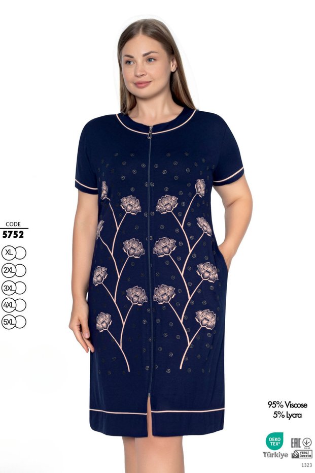 Women's Plus Size Short Sleeve Zipper Dress / Navy Blue 5752