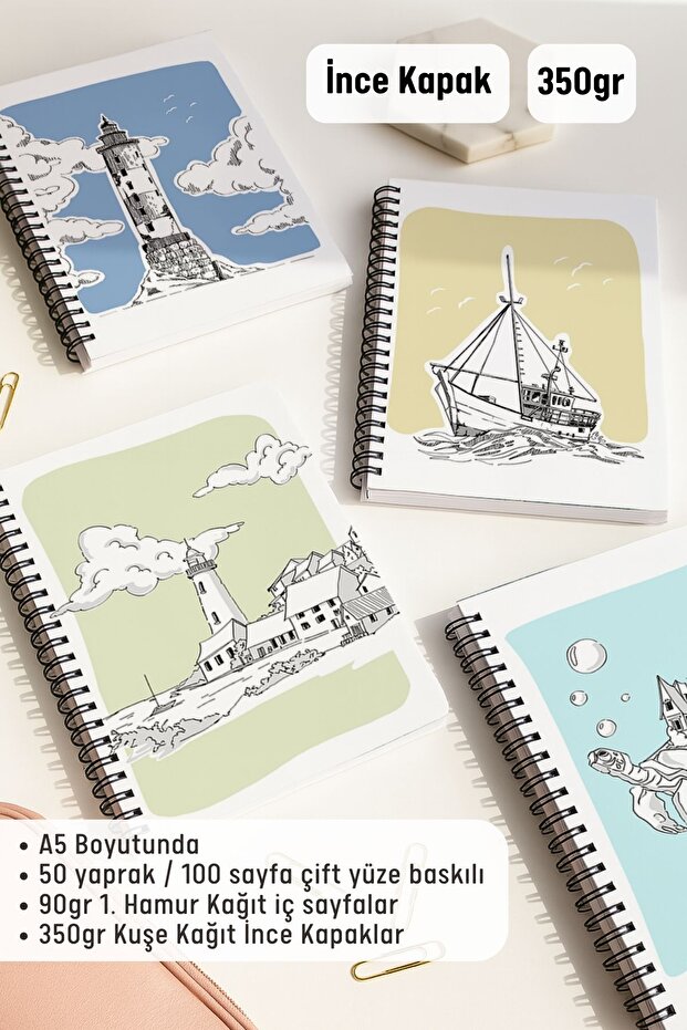 Spiral Checkered School Notebook Set, A5 Size 50 Sheets 100 Sheets Set of 4, Denizli Set - 2