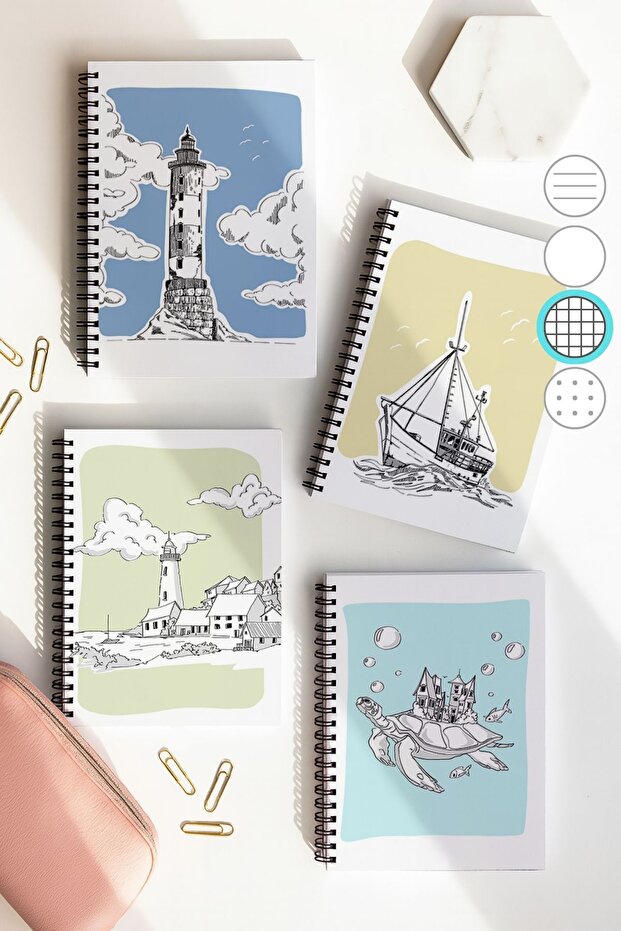 Spiral Checkered School Notebook Set, A5 Size 50 Sheets 100 Sheets Set of 4, Denizli Set - 1