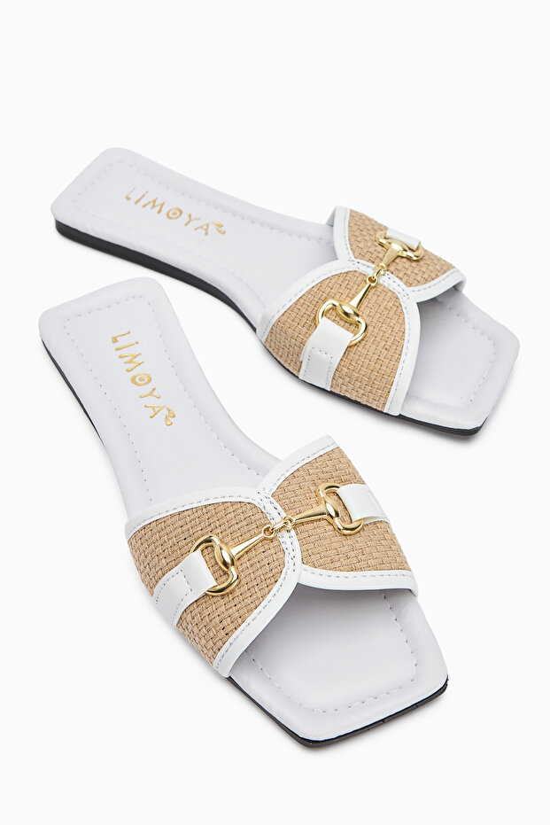 Elanor White Buckle Flat Sole Women's Slippers