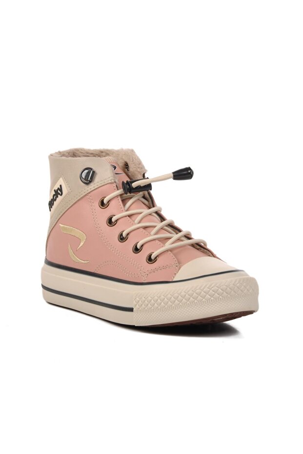 Powder-Beige Ankle Length Children's Sneakers with Fur Inside 005-F