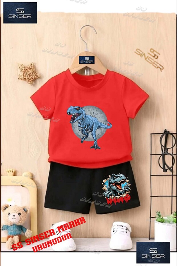 Children's Unisex “Dinosaur Blue in a Circle“ Special Printed Crew Neck T-Shirt - Shorts Set