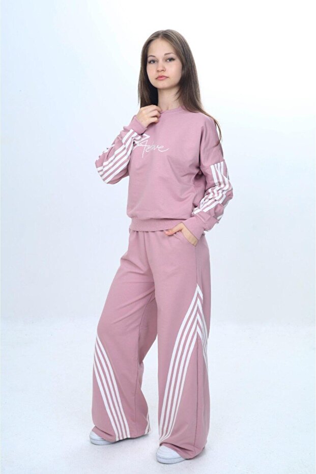 Girl's Stripe Detailed Oversize Tracksuit Set - 100% Cotton 2 Thread Comfortable Fit-305