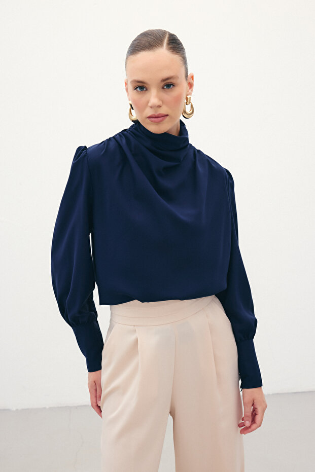 Drape Detaylı Bluz - Lacivert - 1