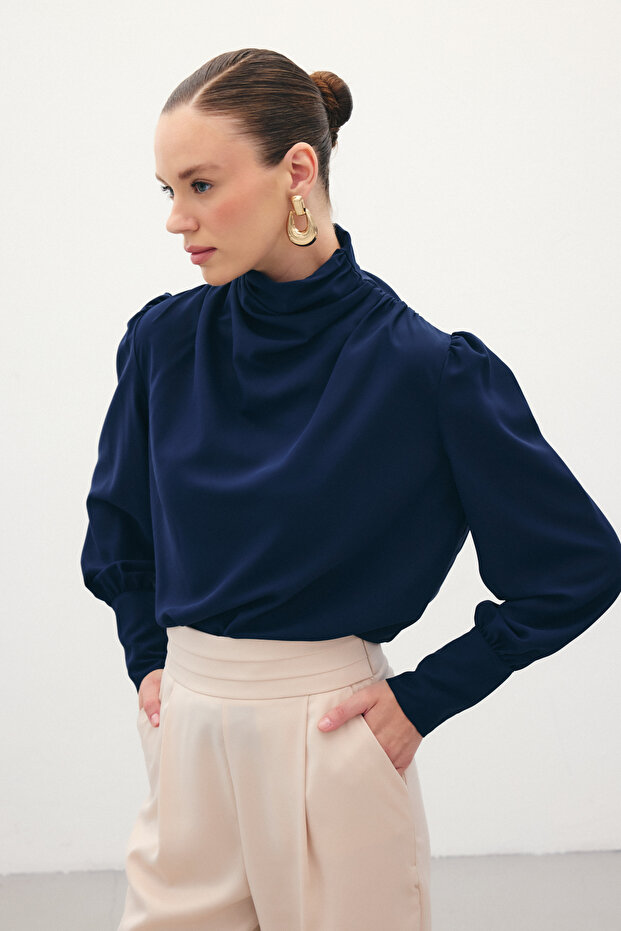 Drape Detaylı Bluz - Lacivert - 5
