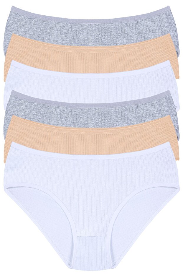 Дамски бикини с висока талия, прилепващи, 6 броя 2 бели, 2 сиви, 2 телесни - 1